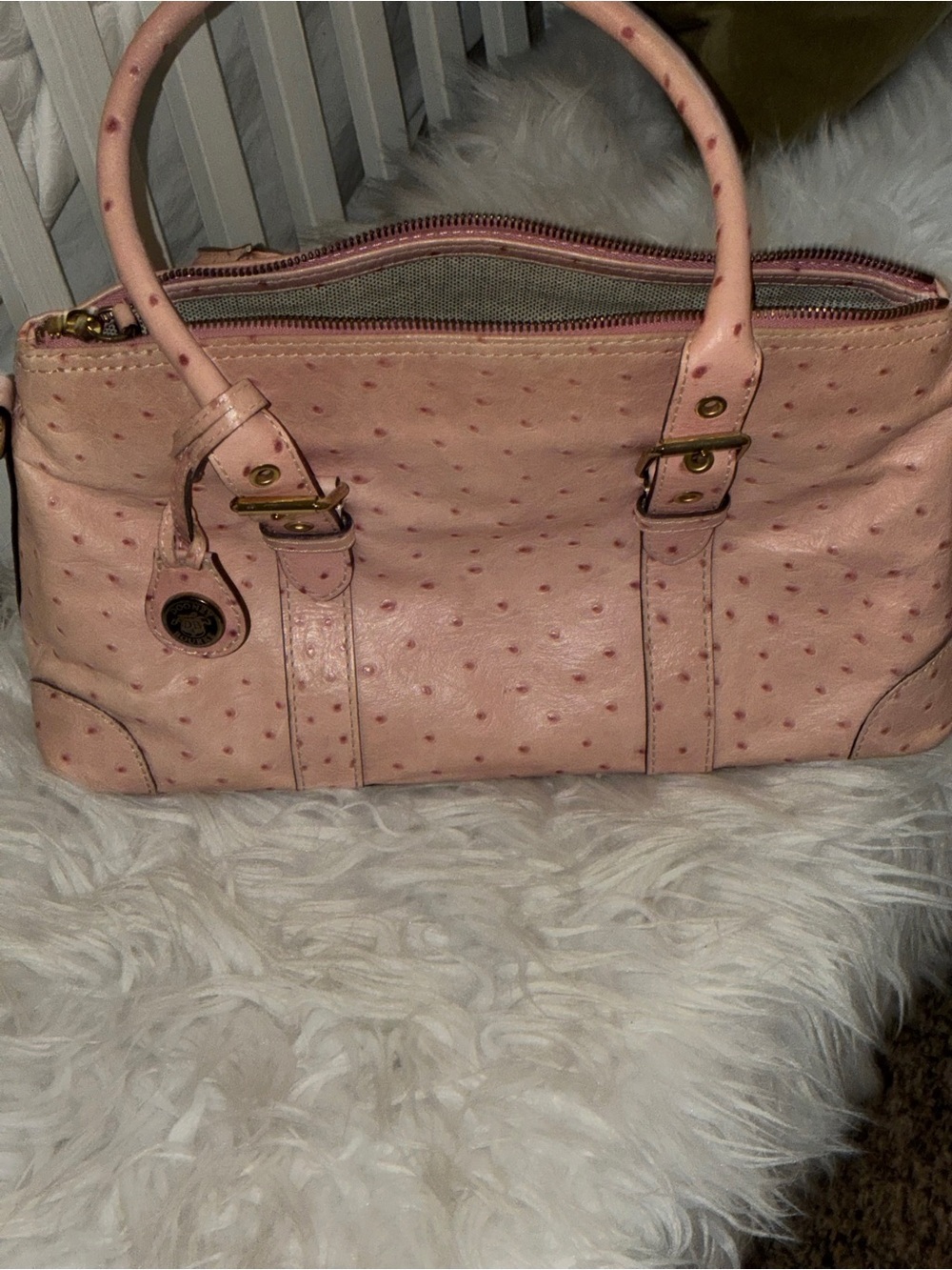 Dooney & Bourke Pink ostrich leather domed satchel purse - Picture 4 of 16